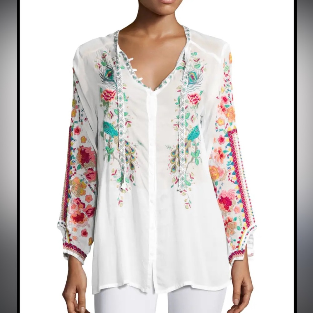 Johnny Was Peacock Embroidered Georgette Top